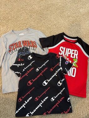 Champion Black All-Over Logo Kids Tee with Red & White Accents